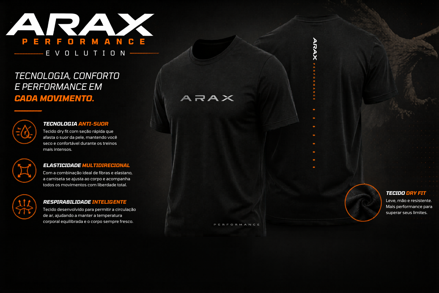 ARAX Performance Evolution — tecnologia anti-suor, elasticidade multidirecional, respirabilidade inteligente e tecido dry fit