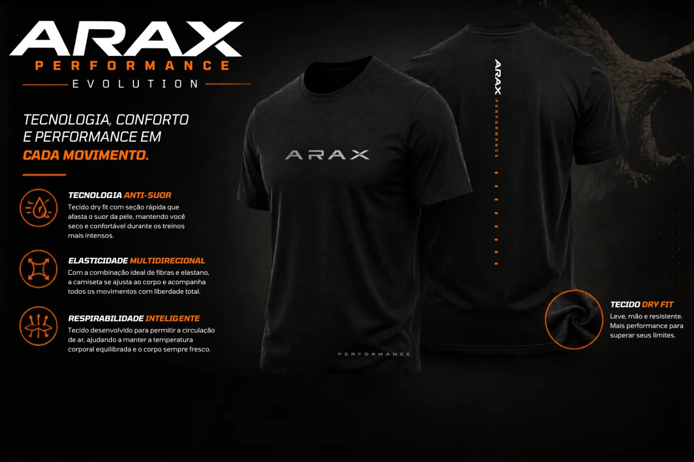 ARAX Performance Evolution — tecnologia anti-suor, elasticidade multidirecional, respirabilidade inteligente e tecido dry fit
